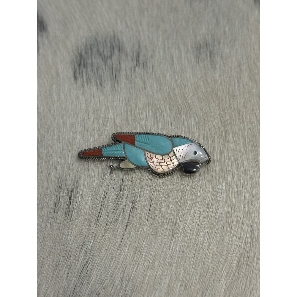 Zuni 2” Leland Peketewa Sterling Silver Inlay Turquoise Coral MOP Parrot Pendant - Picture 3 of 13